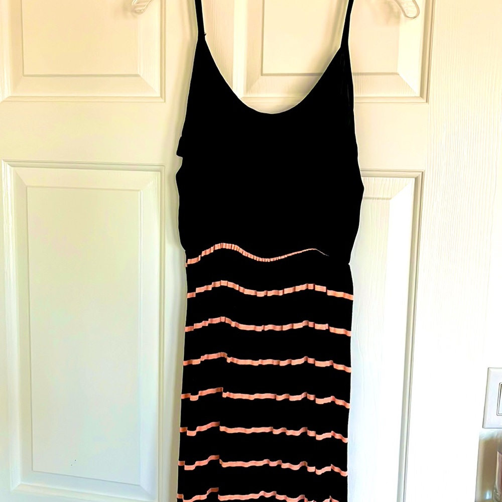 Black and peach striped dress.
